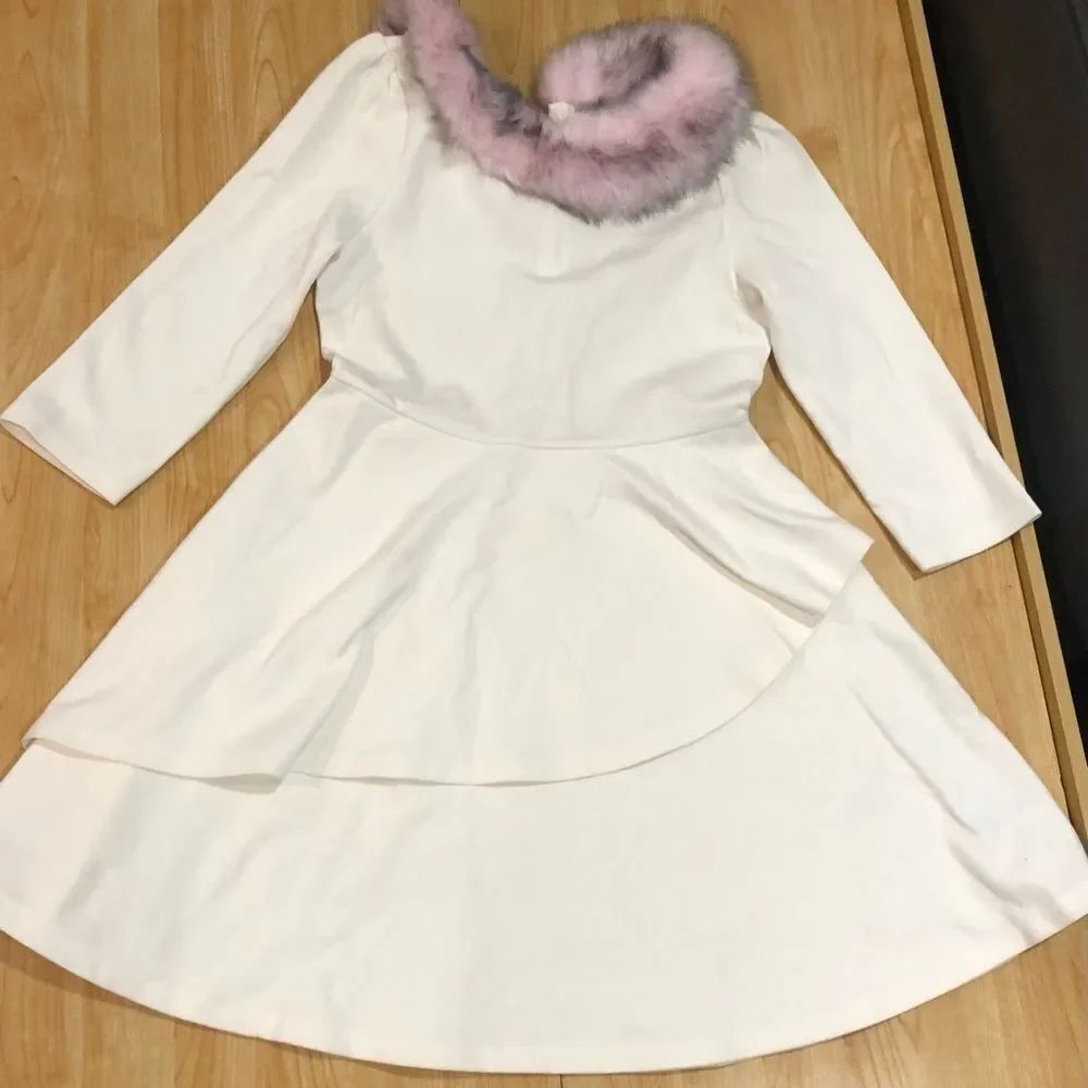 Girls Janie and Jack Dress Size 12 White Dress with Pink Fur Accent